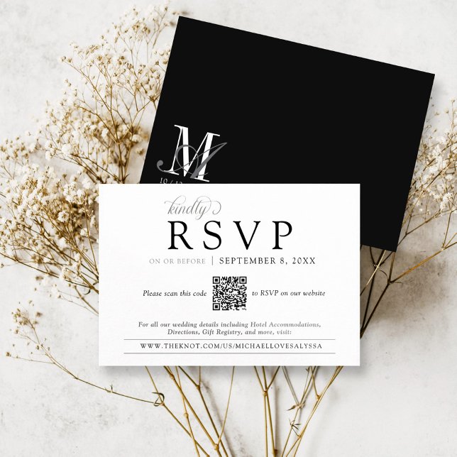 Simple Black and White Monogram Wedding QR RSVP Enclosure Card (Simple classic black and white vintage monogram crest informal QR code rsvp on wedding website card)