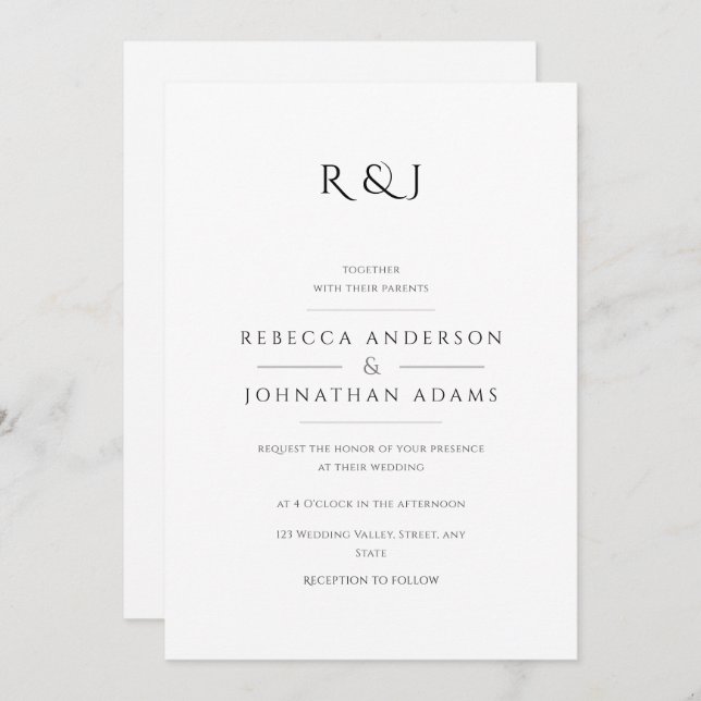 Simple Black and White Monogrammed Wedding Invitation (Front/Back)