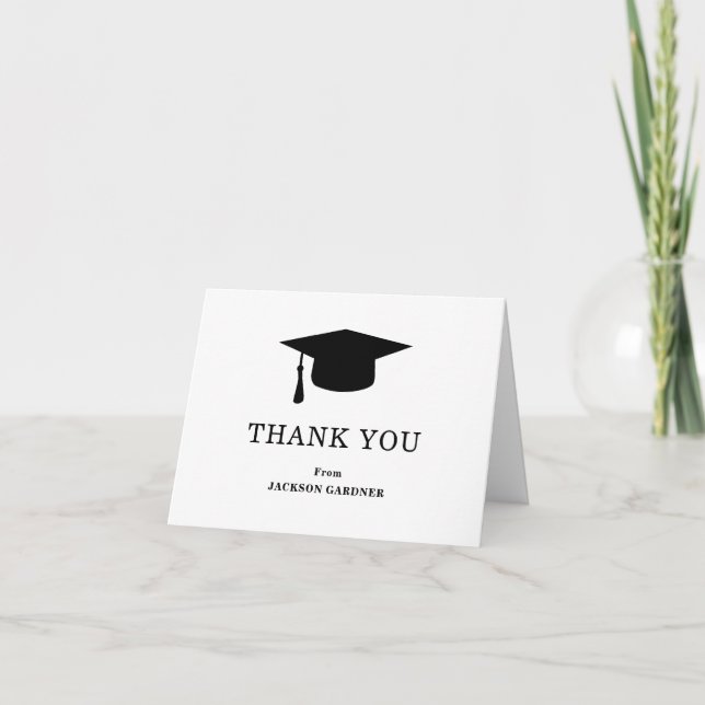 Simple Black and White Mortar Board Graduation Thank You Card (Front)