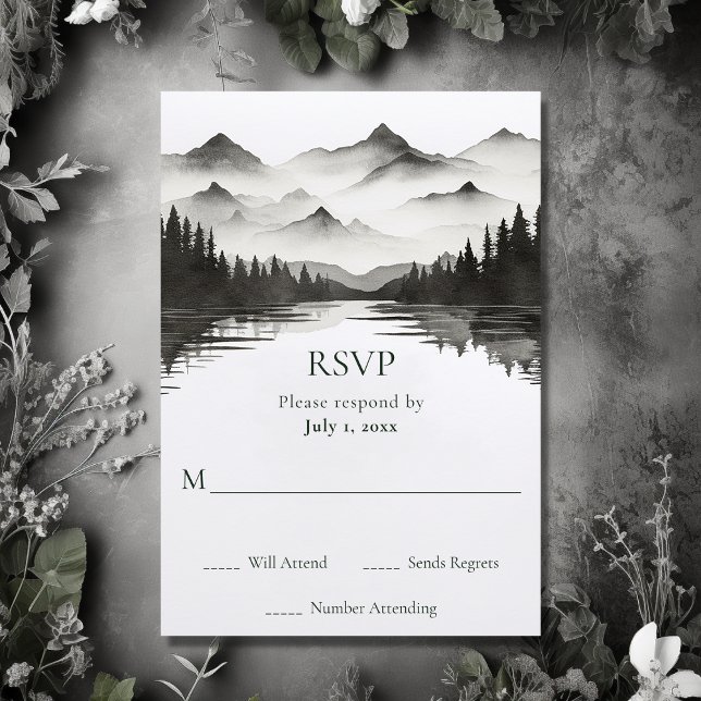 Simple Black and White Mountain Lake Wedding RSVP Card (Front - Simple Black and White Mountain Lake Wedding RSVP Card)