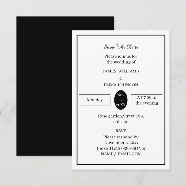 Simple Black And White Personalised Save The Date (Front/Back)