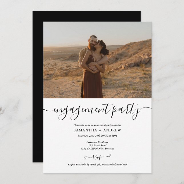Simple black and white photo engagement party announcement (Front/Back)