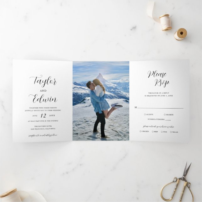 Simple Black and White Photo Modern Wedding Tri-Fold Invitation (Inside)