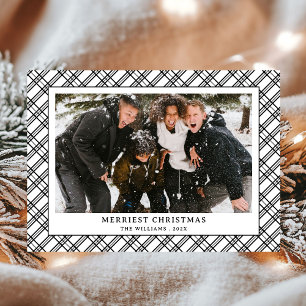 Simple Black and White Plaid Photo Christmas Holiday Card