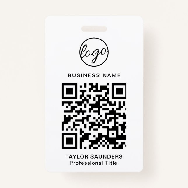 Simple Black and White QR Code Employee ID ID Badge (Front)