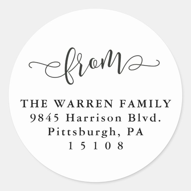 Simple black and white  return address classic round sticker (Front)