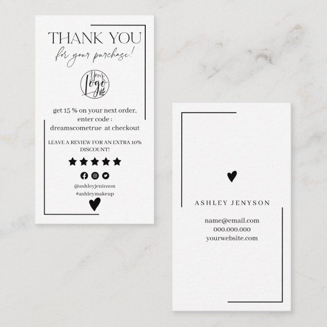 Simple black and white review order thank you business card (Front/Back)