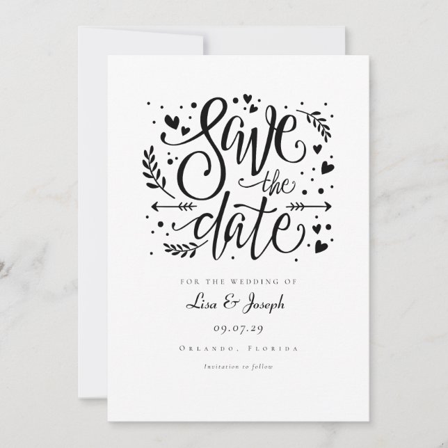 Simple Black and White Rustic Script Save the Date Invitation (Front)
