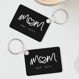 Simple Black and White Script  Mum Established Est Key Ring