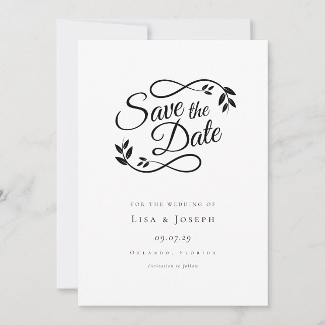 Simple Black and White Script Save The Date (Front)