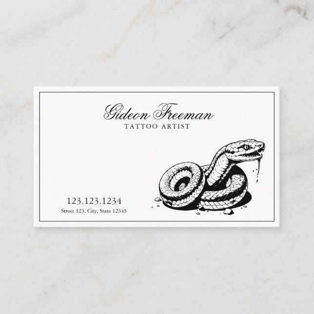 Simple Black and White Snake Tattoo Artist Business Card (Front)