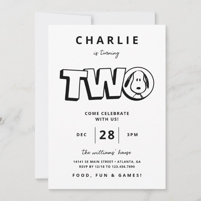 Simple Black and White Snoopy 2nd Birthday Invitation (Front)