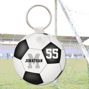 simple black and white soccer ball personalised key ring