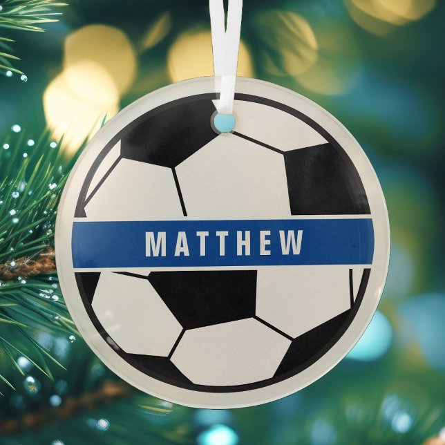 Simple Black and White Soccer Football Monogram Glass Tree Decoration (Creator Uploaded)