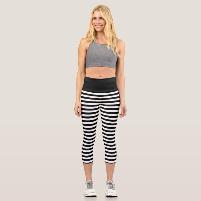 Simple Black and White Stripe Pattern Capri Leggings (Front)