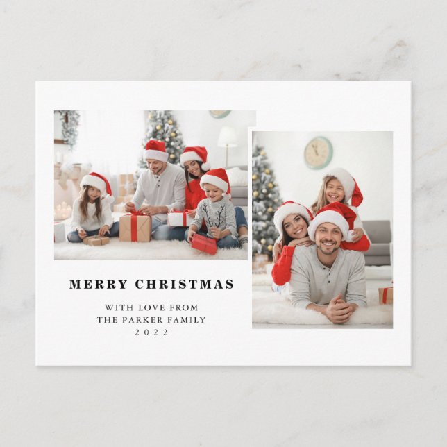 Simple Black and White Two Photo Merry Christmas Holiday Postcard (Front)