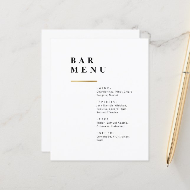 Simple Black and white Typography wedding Bar menu (Front/Back In Situ)