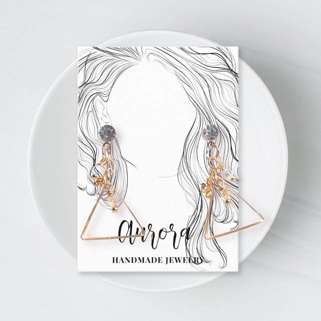 Simple Black and White Wavy Hair Drawing Jewellery Business Card (Creator Uploaded)