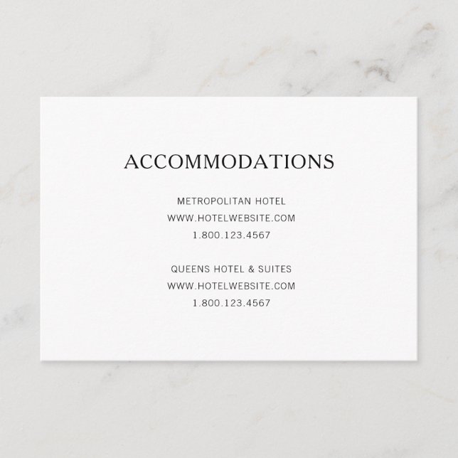 Simple Black and White Wedding Accommodations Enclosure Card (Front)