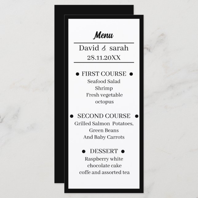 Simple Black And White Wedding Dinner Menu (Front/Back)