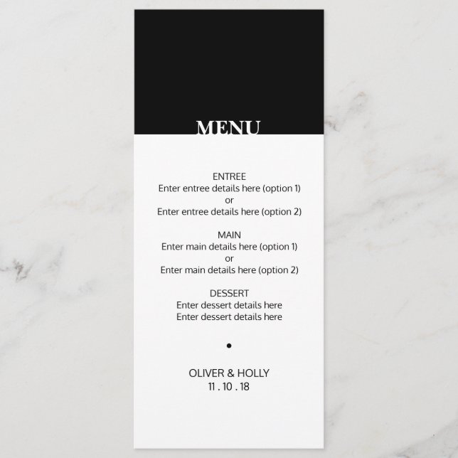 Simple black and white wedding menu (Front)