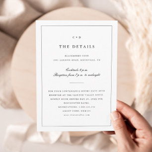 Simple Black and White Wedding Monogram Details Enclosure Card