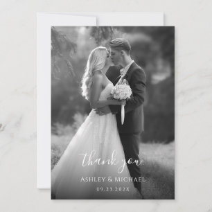 Simple Black and White Wedding Photo Modern Script Thank You Card