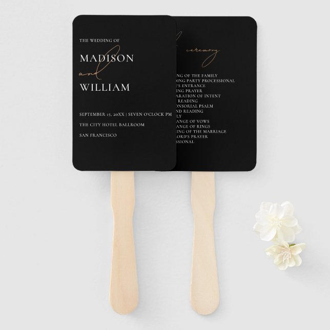 Simple Black and White Wedding Program Hand Fan (Front and Back)