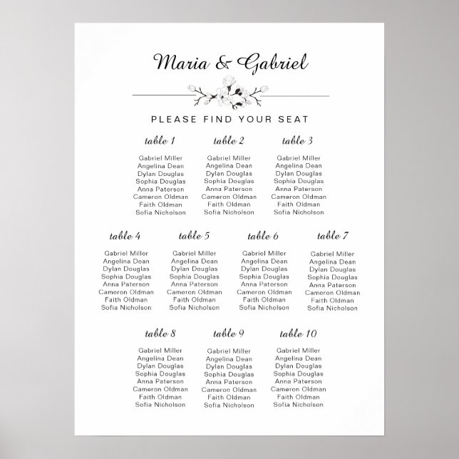 Simple black and white Wedding Seating Chart (Front)