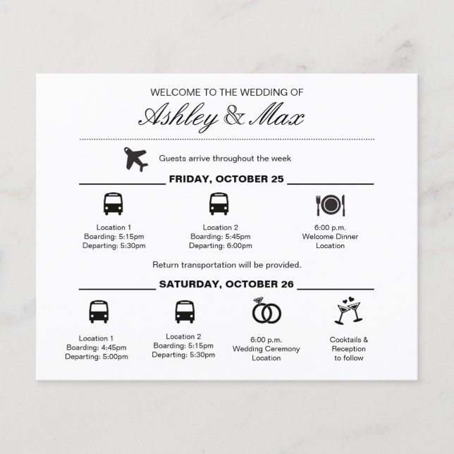 Simple Black and White Wedding Weekend Itinerary (Front)