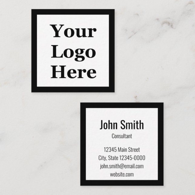 Simple Black and White Your Name and Company Logo  Square Business Card (Front/Back)