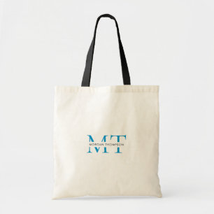 Simple Black Aqua Blue Monogram Script Name Tote Bag