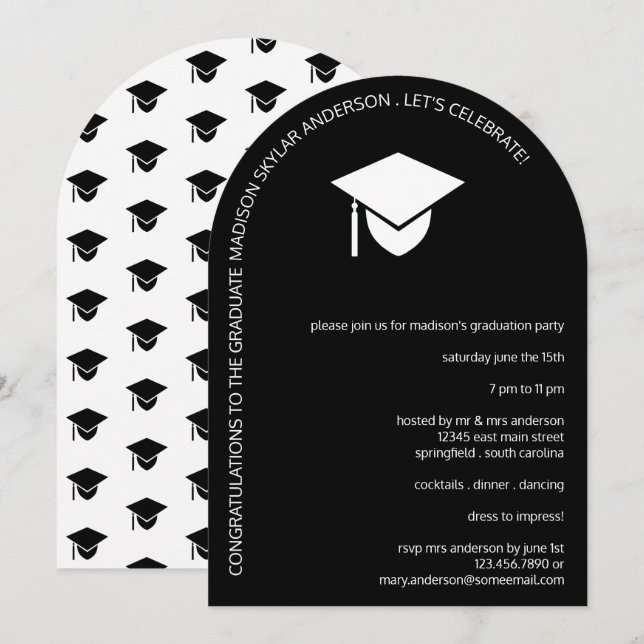 Simple Black Arched Cap N Tassel Graduation Party Invitation (Front/Back)