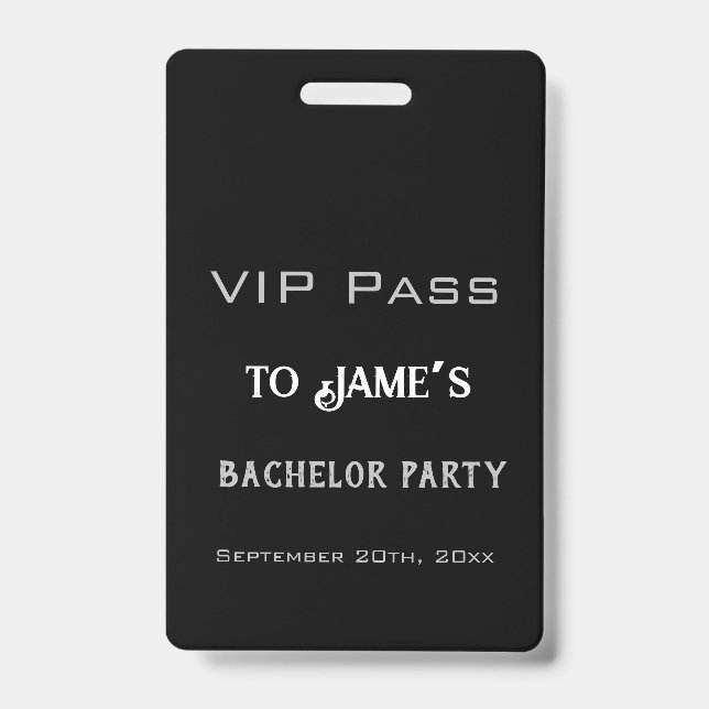 Simple Black Bachelor Party VIP Pass Access ID Badge (Front)