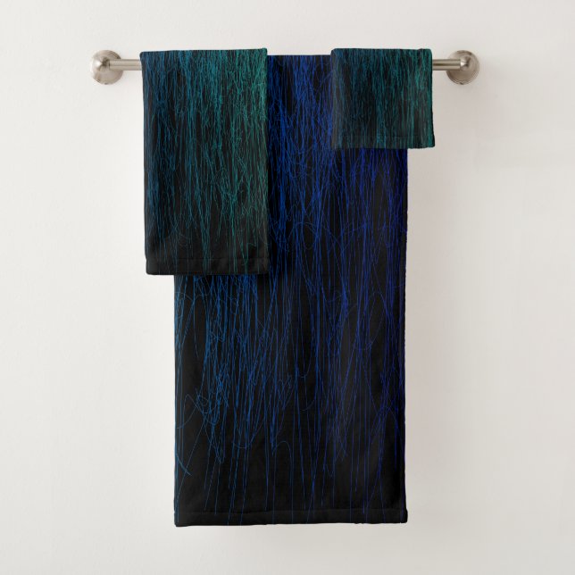 Simple Black Blue Teal Abstract Scribble Texture Bath Towel Set (Insitu)