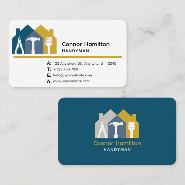 Simple Black Blue Yellow Handyman House Tools Business Card (Front/Back)