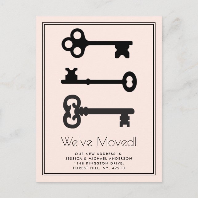 Simple Black Blush Minimal Key Moving Announcement Postcard (Front)
