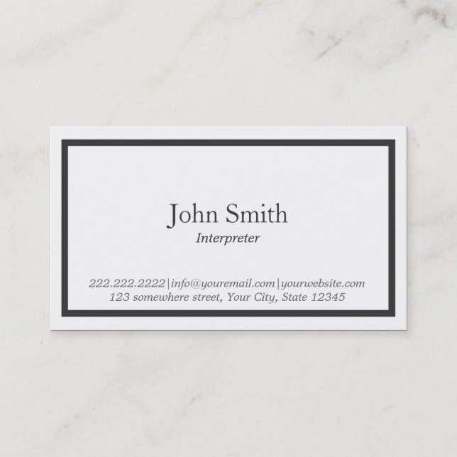 Simple Black Border Interpreter Business Card (Front)