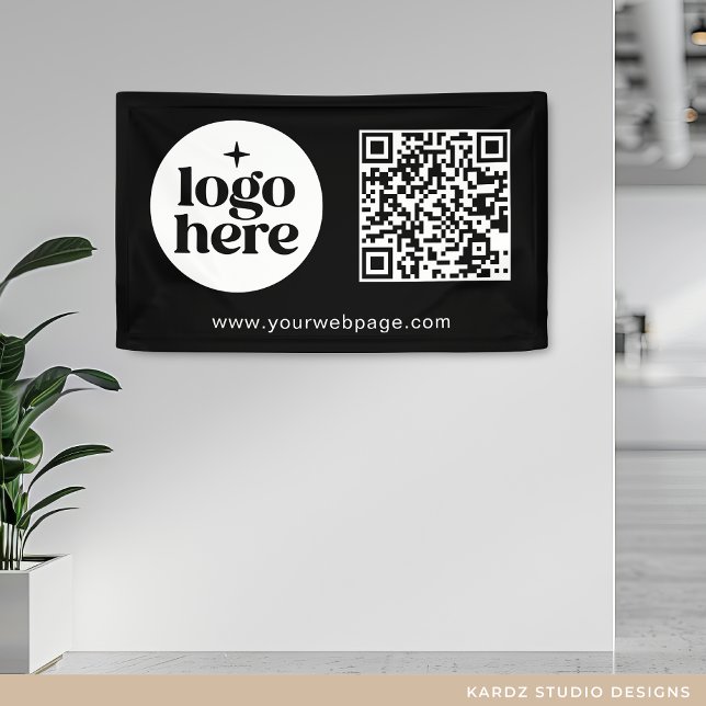 Simple Black Business Logo QR Code  Banner (Add your logo, create QR Code with URL and enter your custom text.)