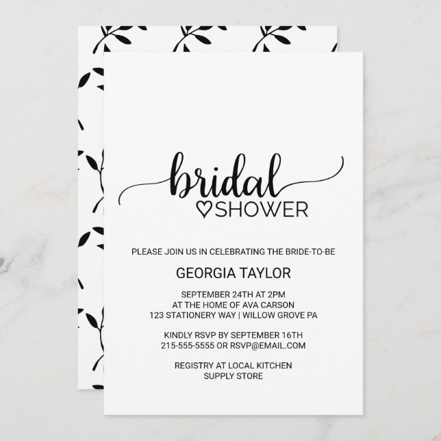 Simple Black Calligraphy Bridal Shower Invitation (Front/Back)