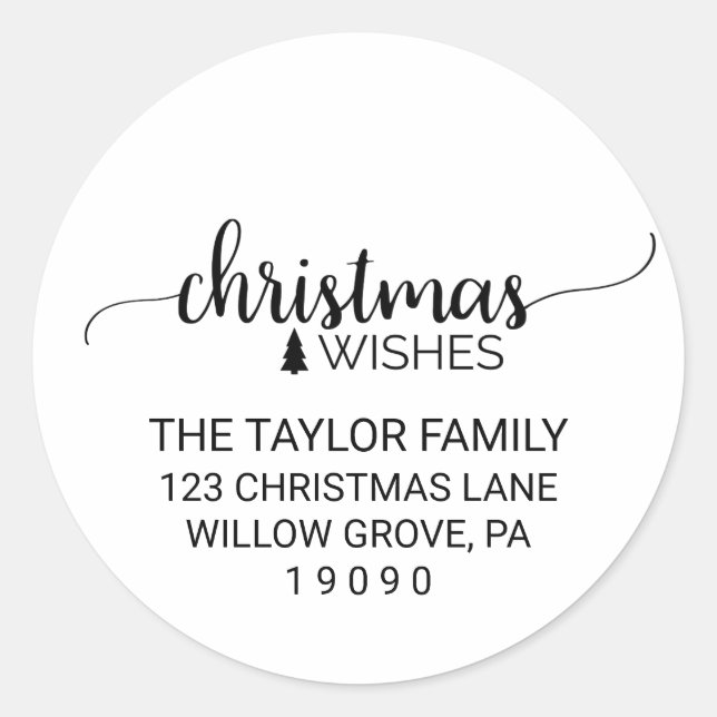 Simple Black Calligraphy Christmas Return Address Classic Round Sticker (Front)