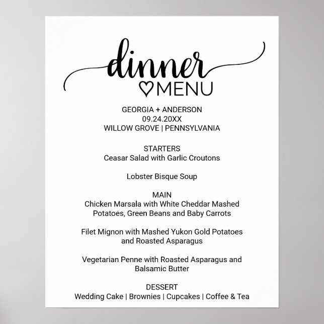 Simple Black Calligraphy Dinner Menu Sign (Front)