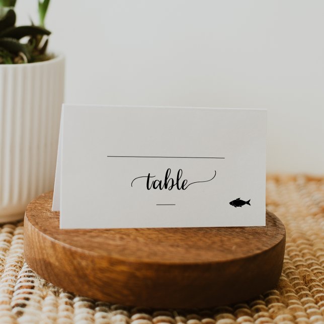 Simple Black Calligraphy Fish Meal Option Wedding Place Card (Creator Uploaded)