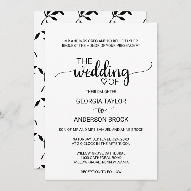 Simple Black Calligraphy Formal Wedding Invitation (Front/Back)