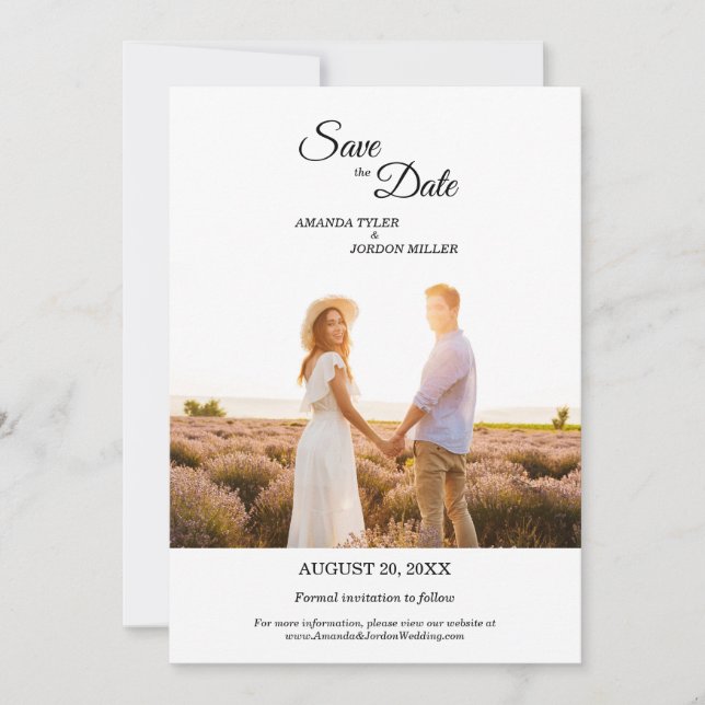 Simple Black Calligraphy Frame Photo Save The Date (Front)