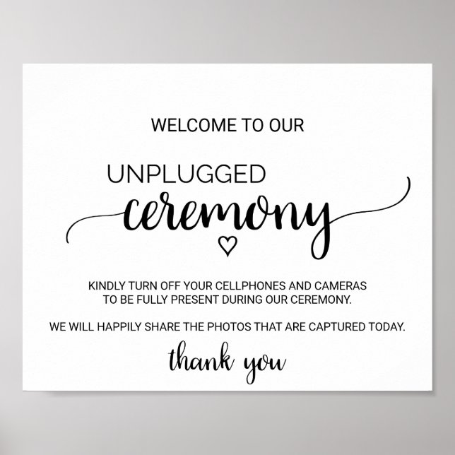 Simple Black Calligraphy Unplugged Ceremony Sign (Front)