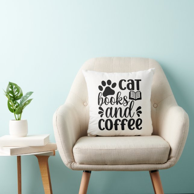 Simple Black "Cat Books and Coffee" Lover Gift Cushion (Chair)