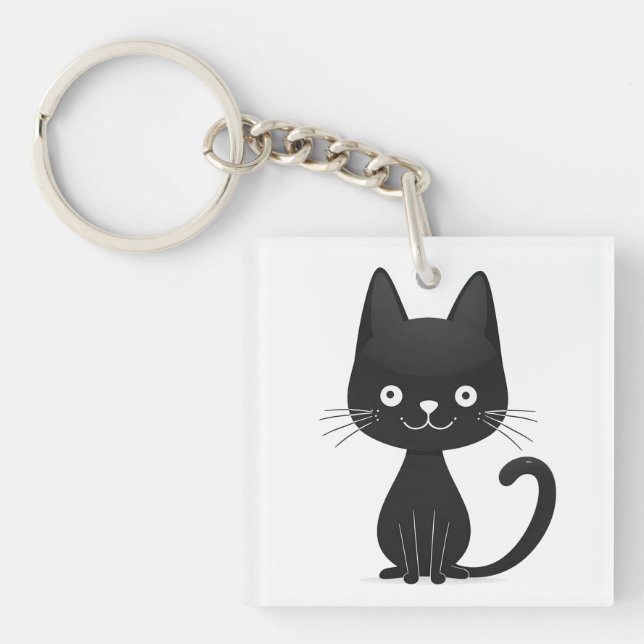 Simple Black Cat Illustration Cute Kawaii Cat Key Ring (Front)