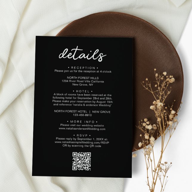 Simple Black Chic Script QR Code Wedding Details Enclosure Card (Creator Uploaded)