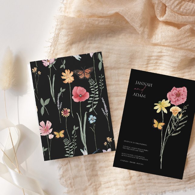 Simple Black Colourful Wildflower Floral Wedding Invitation (Creator Uploaded)